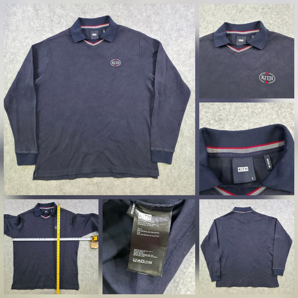 Kith New York Polo Shirt‎ Mens Large Navy Collared V Neck Long Sleeve Rose Logo